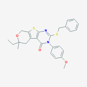 2-(benzylsulfanyl)-6-ethyl-3-(4-methoxyphenyl)-6-methyl-3,5,6,8-tetrahydro-4H-pyrano[4',3':4,5]thieno[2,3-d]pyrimidin-4-one