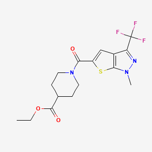 molecular formula C16H18F3N3O3S B4585466 ethyl 1-{[1-methyl-3-(trifluoromethyl)-1H-thieno[2,3-c]pyrazol-5-yl]carbonyl}-4-piperidinecarboxylate 
