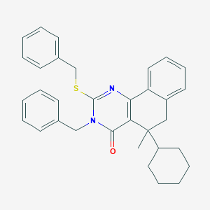 molecular formula C33H34N2OS B458549 3-benzyl-2-(benzylsulfanyl)-5-cyclohexyl-5-methyl-5,6-dihydrobenzo[h]quinazolin-4(3H)-one 