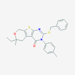 molecular formula C26H26N2O2S2 B458552 5-Benzylsulfanyl-12-ethyl-12-methyl-4-(4-methylphenyl)-11-oxa-8-thia-4,6-diazatricyclo[7.4.0.02,7]trideca-1(9),2(7),5-trien-3-one 