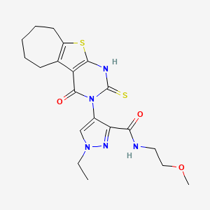 molecular formula C20H25N5O3S2 B4585691 1-ethyl-4-(2-mercapto-4-oxo-6,7,8,9-tetrahydro-4H-cyclohepta[4,5]thieno[2,3-d]pyrimidin-3(5H)-yl)-N-(2-methoxyethyl)-1H-pyrazole-3-carboxamide 