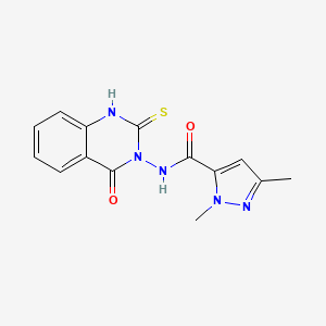 molecular formula C14H13N5O2S B4585821 N-(2-巯基-4-氧代-3(4H)-喹唑啉基)-1,3-二甲基-1H-吡唑-5-甲酰胺 
