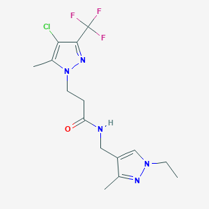molecular formula C15H19ClF3N5O B4585841 3-[4-chloro-5-methyl-3-(trifluoromethyl)-1H-pyrazol-1-yl]-N-[(1-ethyl-3-methyl-1H-pyrazol-4-yl)methyl]propanamide 