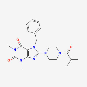 molecular formula C22H28N6O3 B4586628 7-BENZYL-8-(4-ISOBUTYRYLPIPERAZINO)-1,3-DIMETHYL-3,7-DIHYDRO-1H-PURINE-2,6-DIONE 