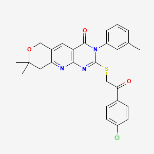 5-[2-(4-chlorophenyl)-2-oxoethyl]sulfanyl-13,13-dimethyl-6-(3-methylphenyl)-12-oxa-2,4,6-triazatricyclo[8.4.0.03,8]tetradeca-1,3(8),4,9-tetraen-7-one