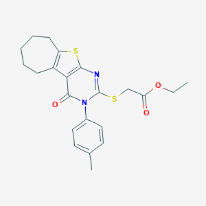 molecular formula C22H24N2O3S2 B458696 ethyl {[3-(4-methylphenyl)-4-oxo-3,5,6,7,8,9-hexahydro-4H-cyclohepta[4,5]thieno[2,3-d]pyrimidin-2-yl]sulfanyl}acetate CAS No. 361180-60-1