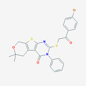 molecular formula C25H21BrN2O3S2 B458722 2-{[2-(4-bromophenyl)-2-oxoethyl]sulfanyl}-6,6-dimethyl-3-phenyl-3,5,6,8-tetrahydro-4H-pyrano[4',3':4,5]thieno[2,3-d]pyrimidin-4-one CAS No. 351440-86-3