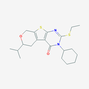 molecular formula C20H28N2O2S2 B458784 4-Cyclohexyl-5-ethylsulfanyl-12-propan-2-yl-11-oxa-8-thia-4,6-diazatricyclo[7.4.0.02,7]trideca-1(9),2(7),5-trien-3-one 