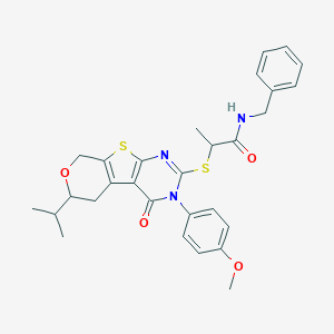 N-benzyl-2-[[4-(4-methoxyphenyl)-3-oxo-12-propan-2-yl-11-oxa-8-thia-4,6-diazatricyclo[7.4.0.02,7]trideca-1(9),2(7),5-trien-5-yl]sulfanyl]propanamide