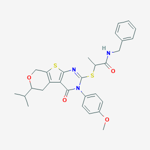 molecular formula C29H31N3O4S2 B458788 N-benzyl-2-[[4-(4-methoxyphenyl)-3-oxo-12-propan-2-yl-11-oxa-8-thia-4,6-diazatricyclo[7.4.0.02,7]trideca-1(9),2(7),5-trien-5-yl]sulfanyl]propanamide 