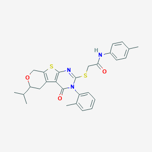 molecular formula C28H29N3O3S2 B458790 2-{[6-isopropyl-3-(2-methylphenyl)-4-oxo-3,5,6,8-tetrahydro-4H-pyrano[4',3':4,5]thieno[2,3-d]pyrimidin-2-yl]sulfanyl}-N-(4-methylphenyl)acetamide 