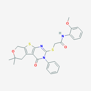 molecular formula C26H25N3O4S2 B458794 2-[(6,6-dimethyl-4-oxo-3-phenyl-3,5,6,8-tetrahydro-4H-pyrano[4',3':4,5]thieno[2,3-d]pyrimidin-2-yl)sulfanyl]-N-(2-methoxyphenyl)acetamide 