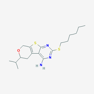 molecular formula C18H27N3OS2 B458798 2-(hexylsulfanyl)-6-isopropyl-5,8-dihydro-6H-pyrano[4',3':4,5]thieno[2,3-d]pyrimidin-4-amine 