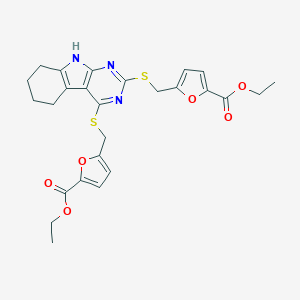 molecular formula C26H27N3O6S2 B458807 ethyl 5-({[2-({[5-(ethoxycarbonyl)-2-furyl]methyl}thio)-6,7,8,9-tetrahydro-5H-pyrimido[4,5-b]indol-4-yl]thio}methyl)-2-furoate 