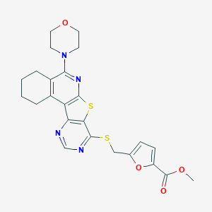 molecular formula C24H24N4O4S2 B458821 Methyl 5-[(8-morpholin-4-yl-11-thia-9,14,16-triazatetracyclo[8.7.0.02,7.012,17]heptadeca-1,7,9,12,14,16-hexaen-13-yl)sulfanylmethyl]furan-2-carboxylate 