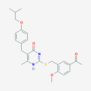 molecular formula C26H30N2O4S B458873 2-[(5-acetyl-2-methoxyphenyl)methylsulfanyl]-6-methyl-5-[[4-(2-methylpropoxy)phenyl]methyl]-1H-pyrimidin-4-one 