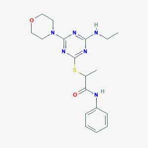 molecular formula C18H24N6O2S B458881 2-{[4-(ethylamino)-6-(4-morpholinyl)-1,3,5-triazin-2-yl]thio}-N-phenylpropanamide 
