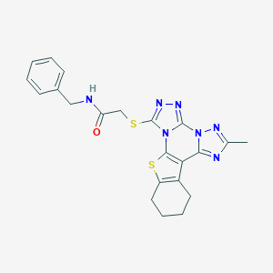 molecular formula C22H21N7OS2 B458906 N-Benzyl-2-[(9-methyl-19-thia-2,4,5,7,8,10-hexazapentacyclo[10.7.0.02,6.07,11.013,18]nonadeca-1(12),3,5,8,10,13(18)-hexaen-3-yl)sulfanyl]acetamide CAS No. 723747-09-9