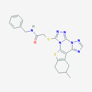 molecular formula C22H21N7OS2 B458915 N-Benzyl-2-[(15-methyl-19-thia-2,4,5,7,8,10-hexazapentacyclo[10.7.0.02,6.07,11.013,18]nonadeca-1(12),3,5,8,10,13(18)-hexaen-3-yl)sulfanyl]acetamide CAS No. 723747-13-5