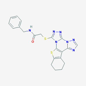 N-benzyl-2-(19-thia-2,4,5,7,8,10-hexazapentacyclo[10.7.0.02,6.07,11.013,18]nonadeca-1(12),3,5,8,10,13(18)-hexaen-3-ylsulfanyl)acetamide