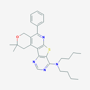molecular formula C28H34N4OS B458923 N,N-Dibutyl-4,4-dimethyl-8-phenyl-5-oxa-11-thia-9,14,16-triazatetracyclo[8.7.0.02,7.012,17]heptadeca-1(10),2(7),8,12(17),13,15-hexaen-13-amine CAS No. 405281-63-2