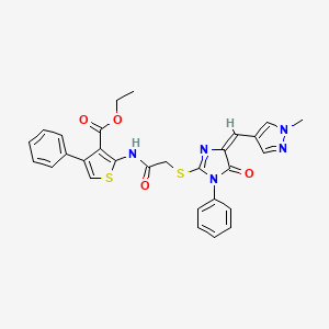 ETHYL 2-{[2-({4-[(E)-1-(1-METHYL-1H-PYRAZOL-4-YL)METHYLIDENE]-5-OXO-1-PHENYL-4,5-DIHYDRO-1H-IMIDAZOL-2-YL}SULFANYL)ACETYL]AMINO}-4-PHENYL-3-THIOPHENECARBOXYLATE