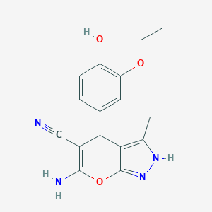 molecular formula C16H16N4O3 B459014 6-Amino-4-(3-ethoxy-4-hydroxyphenyl)-3-methyl-1,4-dihydropyrano[2,3-c]pyrazole-5-carbonitrile CAS No. 300392-08-9