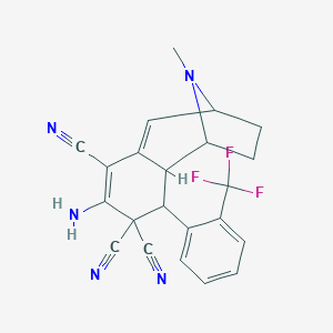 molecular formula C22H18F3N5 B459115 5-Amino-12-methyl-3-[2-(trifluoromethyl)phenyl]-12-azatricyclo[7.2.1.02,7]dodeca-5,7-diene-4,4,6-tricarbonitrile 