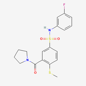 molecular formula C18H19FN2O3S2 B4591355 N-(3-fluorophenyl)-4-(methylthio)-3-(1-pyrrolidinylcarbonyl)benzenesulfonamide 