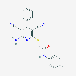 molecular formula C21H14FN5OS B459159 2-[(6-amino-3,5-dicyano-4-phenyl-2-pyridinyl)sulfanyl]-N-(4-fluorophenyl)acetamide CAS No. 354552-90-2