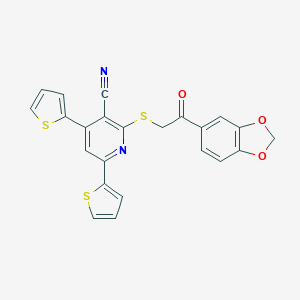 molecular formula C23H14N2O3S3 B459181 2-{[2-(1,3-Benzodioxol-5-yl)-2-oxoethyl]sulfanyl}-4,6-di(2-thienyl)nicotinonitrile 