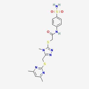 molecular formula C18H21N7O3S3 B4591951 N-[4-(aminosulfonyl)phenyl]-2-[(5-{[(4,6-dimethyl-2-pyrimidinyl)thio]methyl}-4-methyl-4H-1,2,4-triazol-3-yl)thio]acetamide 