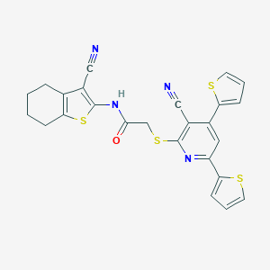molecular formula C25H18N4OS4 B459197 2-{[3-cyano-4,6-di(2-thienyl)-2-pyridinyl]sulfanyl}-N-(3-cyano-4,5,6,7-tetrahydro-1-benzothien-2-yl)acetamide 