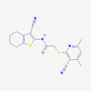 molecular formula C19H18N4OS2 B459200 2-[(3-cyano-4,6-dimethyl-2-pyridinyl)sulfanyl]-N-(3-cyano-4,5,6,7-tetrahydro-1-benzothien-2-yl)acetamide 