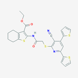 molecular formula C27H23N3O3S4 B459201 Ethyl 2-[({[3-cyano-4,6-di(2-thienyl)-2-pyridinyl]sulfanyl}acetyl)amino]-4,5,6,7-tetrahydro-1-benzothiophene-3-carboxylate 