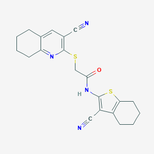molecular formula C21H20N4OS2 B459209 N-(3-cyano-4,5,6,7-tetrahydro-1-benzothiophen-2-yl)-2-[(3-cyano-5,6,7,8-tetrahydroquinolin-2-yl)sulfanyl]acetamide CAS No. 443120-80-7