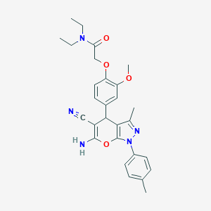 molecular formula C28H31N5O4 B459210 2-{4-[6-amino-5-cyano-3-methyl-1-(4-methylphenyl)-1,4-dihydropyrano[2,3-c]pyrazol-4-yl]-2-methoxyphenoxy}-N,N-diethylacetamide 