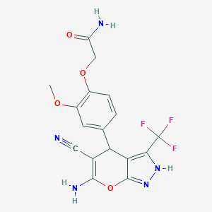 molecular formula C17H14F3N5O4 B459211 2-{4-[6-Amino-5-cyano-3-(trifluoromethyl)-2,4-dihydropyrano[2,3-c]pyrazol-4-yl]-2-methoxyphenoxy}acetamide 