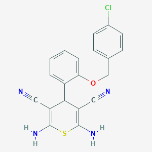 molecular formula C20H15ClN4OS B459224 2,6-diamino-4-{2-[(4-chlorobenzyl)oxy]phenyl}-4H-thiopyran-3,5-dicarbonitrile 