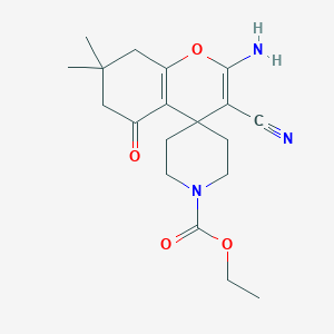 molecular formula C19H25N3O4 B459247 Ethyl 2-amino-3-cyano-7,7-dimethyl-5-oxospiro[6,8-dihydrochromene-4,4'-piperidine]-1'-carboxylate CAS No. 340812-17-1