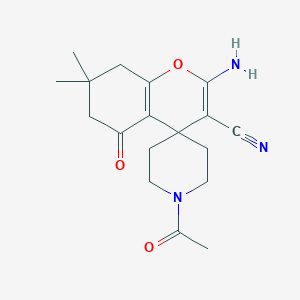 molecular formula C18H23N3O3 B459250 2-amino-3-cyano-7,7-dimethyl-1'-acetyl-5-oxo-5,6,7,8-tetrahydrospiro[4H-chromene-4,4'-piperidine] CAS No. 309278-17-9