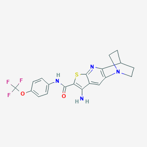 molecular formula C20H17F3N4O2S B459256 5-氨基-N-[4-(三氟甲氧基)苯基]-7-噻-1,9-二氮杂四环[9.2.2.02,10.04,8]十五烷-2(10),3,5,8-四烯-6-甲酰胺 CAS No. 728003-22-3