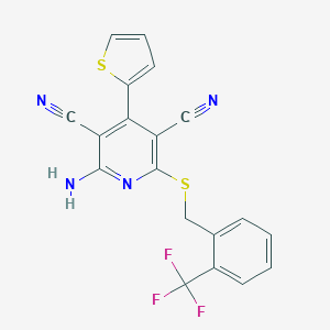 molecular formula C19H11F3N4S2 B459270 2-Amino-4-(2-thienyl)-6-{[2-(trifluoromethyl)benzyl]sulfanyl}-3,5-pyridinedicarbonitrile 