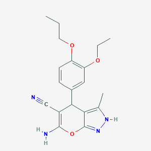 molecular formula C19H22N4O3 B459278 6-Amino-4-(3-ethoxy-4-propoxyphenyl)-3-methyl-2,4-dihydropyrano[2,3-c]pyrazole-5-carbonitrile CAS No. 445265-90-7