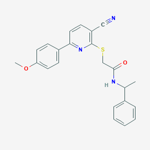 molecular formula C23H21N3O2S B459309 2-{[3-cyano-6-(4-methoxyphenyl)pyridin-2-yl]sulfanyl}-N-(1-phenylethyl)acetamide CAS No. 488747-51-9