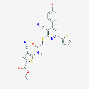 molecular formula C27H19FN4O3S3 B459315 Ethyl 4-cyano-5-[({[3-cyano-4-(4-fluorophenyl)-6-(2-thienyl)-2-pyridinyl]sulfanyl}acetyl)amino]-3-methyl-2-thiophenecarboxylate 