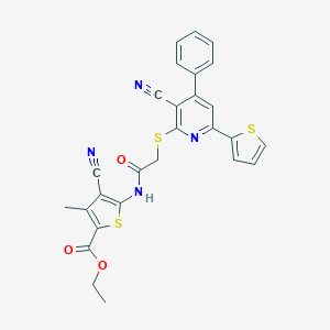 molecular formula C27H20N4O3S3 B459318 Ethyl 4-cyano-5-[({[3-cyano-4-phenyl-6-(2-thienyl)-2-pyridinyl]sulfanyl}acetyl)amino]-3-methyl-2-thiophenecarboxylate 
