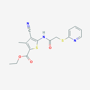 molecular formula C16H15N3O3S2 B459319 Ethyl 4-cyano-3-methyl-5-(2-(2-pyridylthio)acetylamino)thiophene-2-carboxylate CAS No. 489401-07-2
