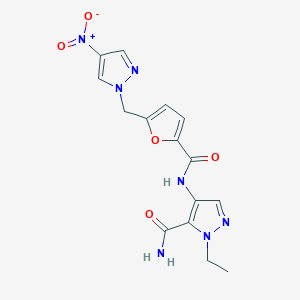 molecular formula C15H15N7O5 B4593508 1-乙基-4-({5-[(4-硝基-1H-吡唑-1-基)甲基]-2-呋喃酰}氨基)-1H-吡唑-5-甲酰胺 