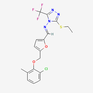 molecular formula C18H16ClF3N4O2S B4593677 N-((E)-1-{5-[(2-CHLORO-6-METHYLPHENOXY)METHYL]-2-FURYL}METHYLIDENE)-N-[3-(ETHYLSULFANYL)-5-(TRIFLUOROMETHYL)-4H-1,2,4-TRIAZOL-4-YL]AMINE 